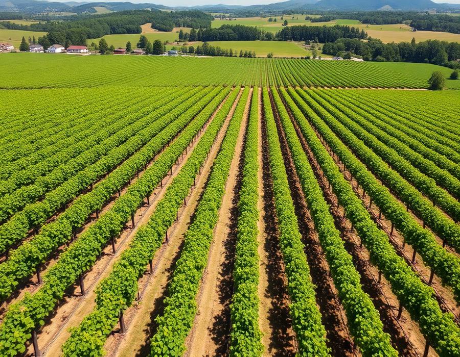 Hileras de viñedo regenerativo al atardecer en La Rioja, España